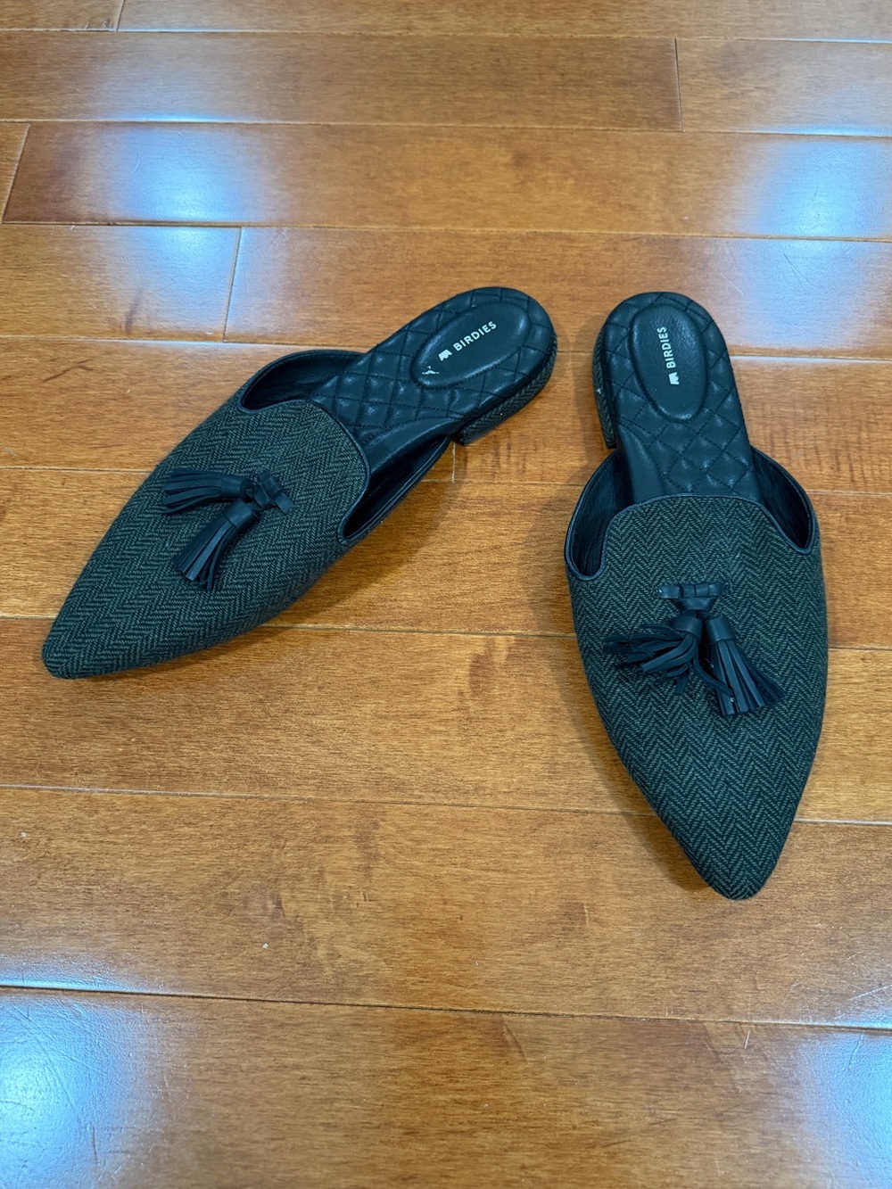 Birdies Fabric Herringbone Dove Tassel Pointed Toe Slip On Mules Shoes Sz. 12